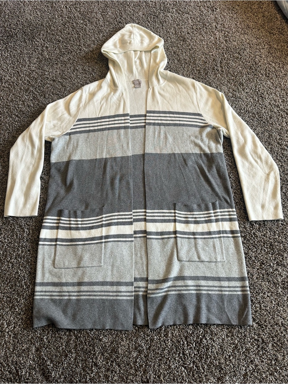 Womens Hooded Longline Open Cardigan Sweater — Cream & Gray